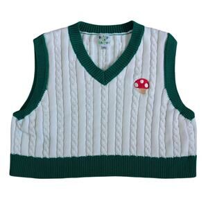 Chunky Cable Knit Sweater Vest Women 2XL Embroidered Mushroom‎ Whimsical Indie